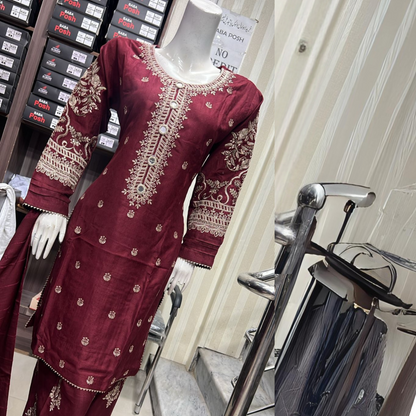 Embroidered Dhanak Dress with Pashmina Shawl | Ready to Wear Winter Collection