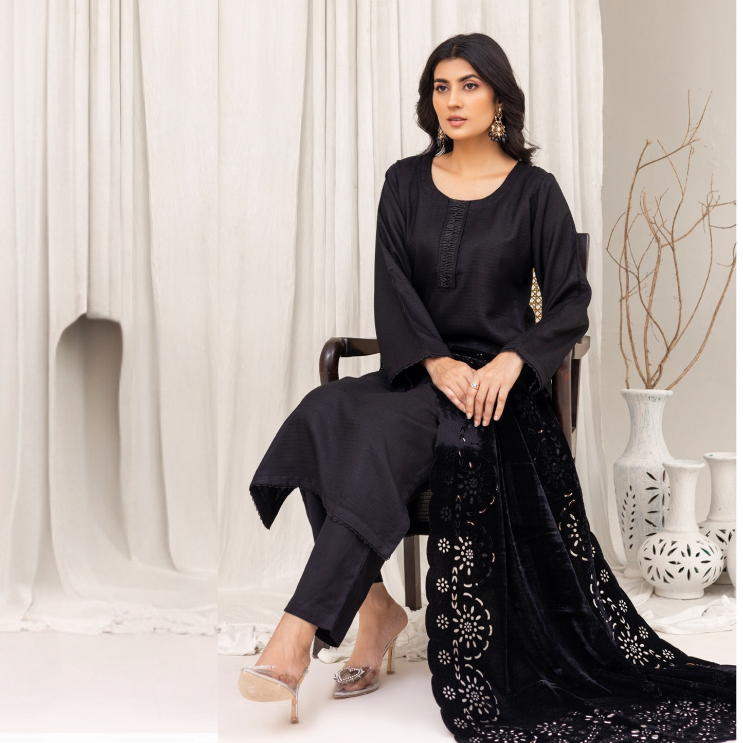 (Black) 3 Pc Dhanak Dress with Laser Velvet Shawl | Winter Collection | Rangz | UMRGZ3503