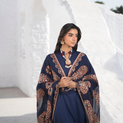 3 Pc Solid Slub Linen Dress with Embroidered Chiffon Dupatta| Winter Collection | Raniya.h | RA-13