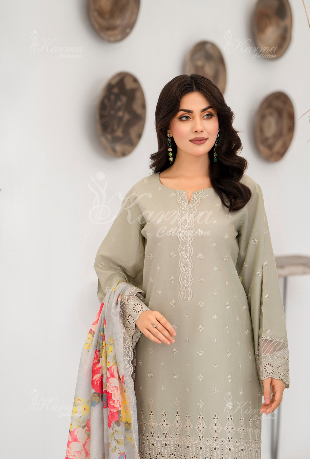 KC- 1387 | Beige | 3 Pc | Chikenkari Cotton Lawn | Karma Collection