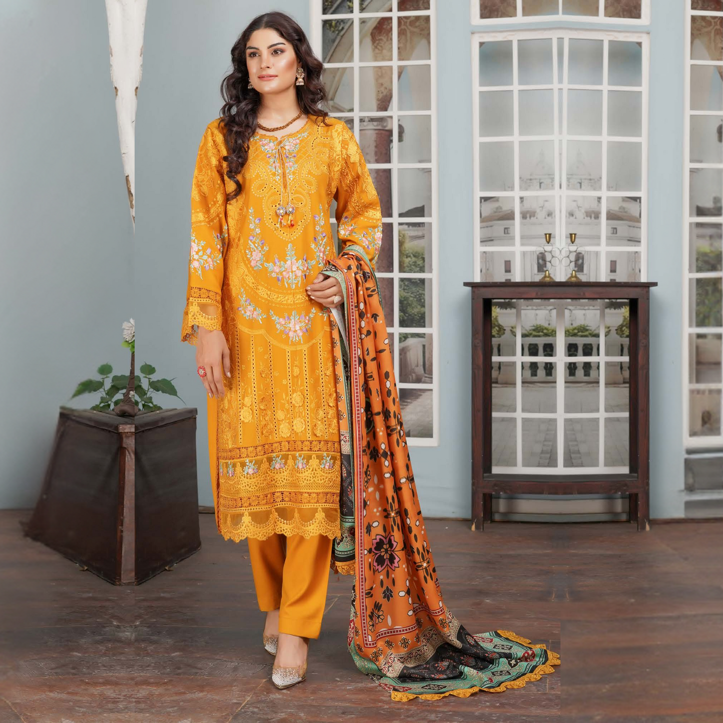 (TURMERIC) Heavy Embroidered Dhanak Ready to Wear Dress - MUNIRA