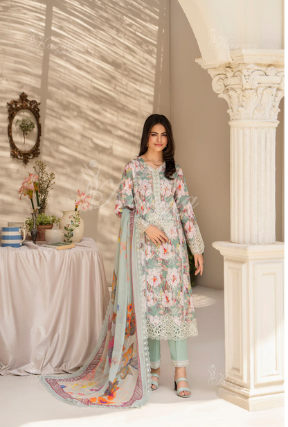 (Light Turquoise) Printed Chikenkari Cotton Lawn 3 Pc - Karma Collection