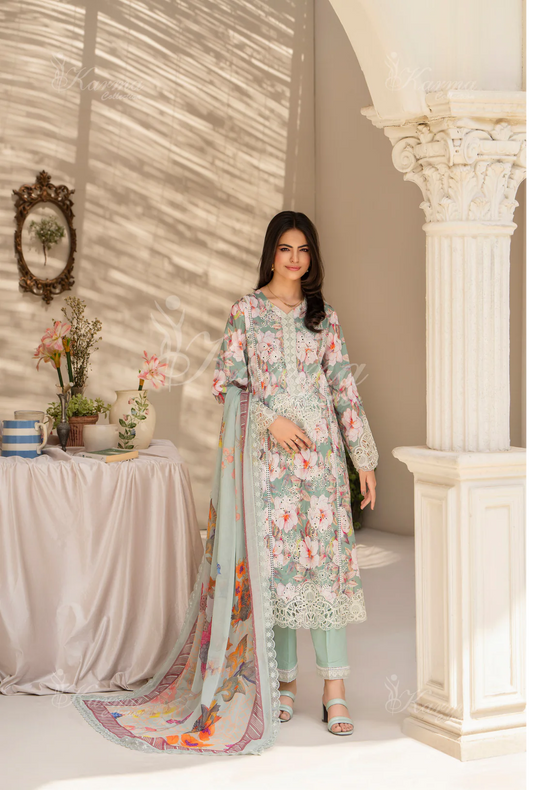 (Light Turquoise) Printed Chikenkari Cotton Lawn 3 Pc - Karma Collection