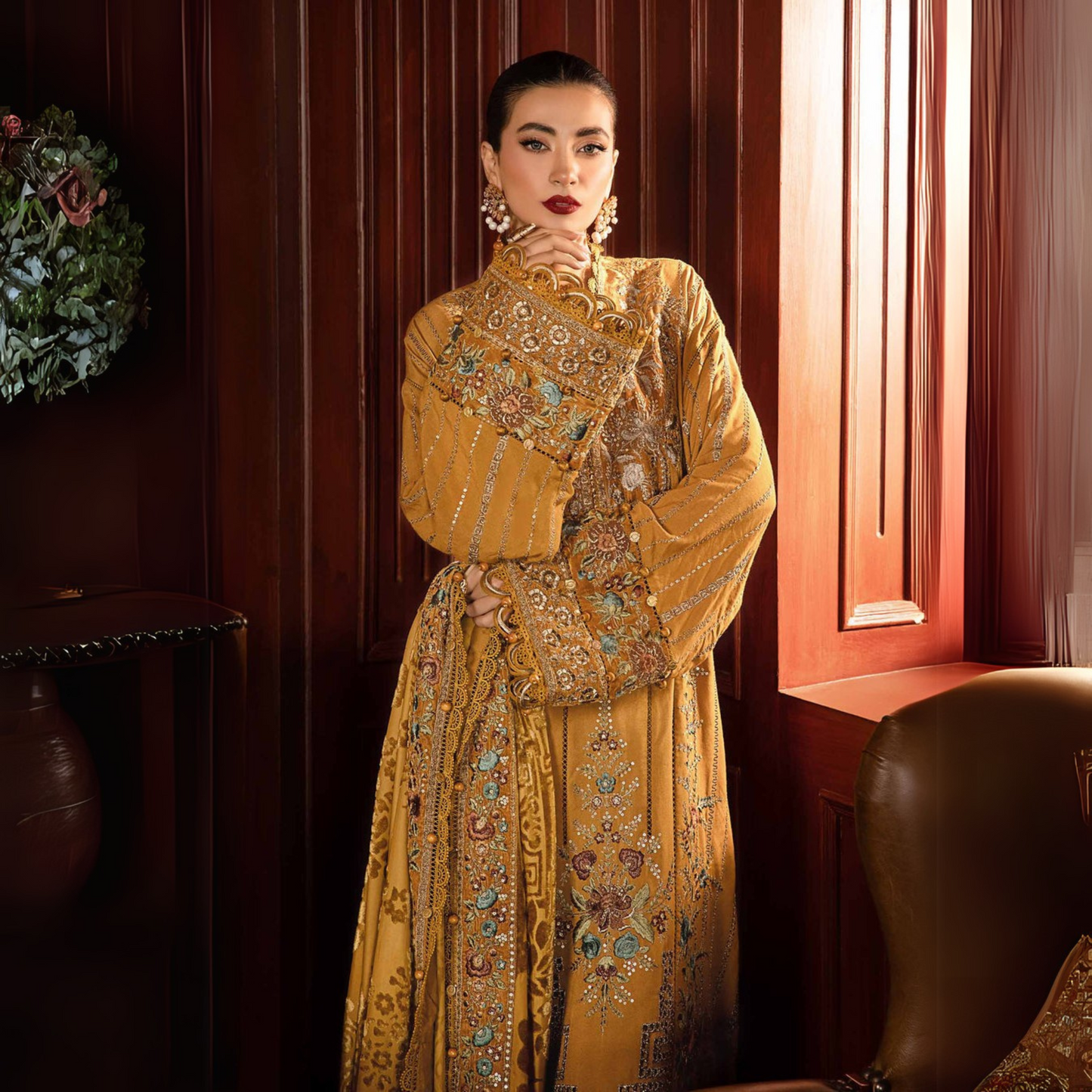 (Mustard) Embroidered Luxury Linen Suit | 3 Pc | Winter Collection | MARIA.B