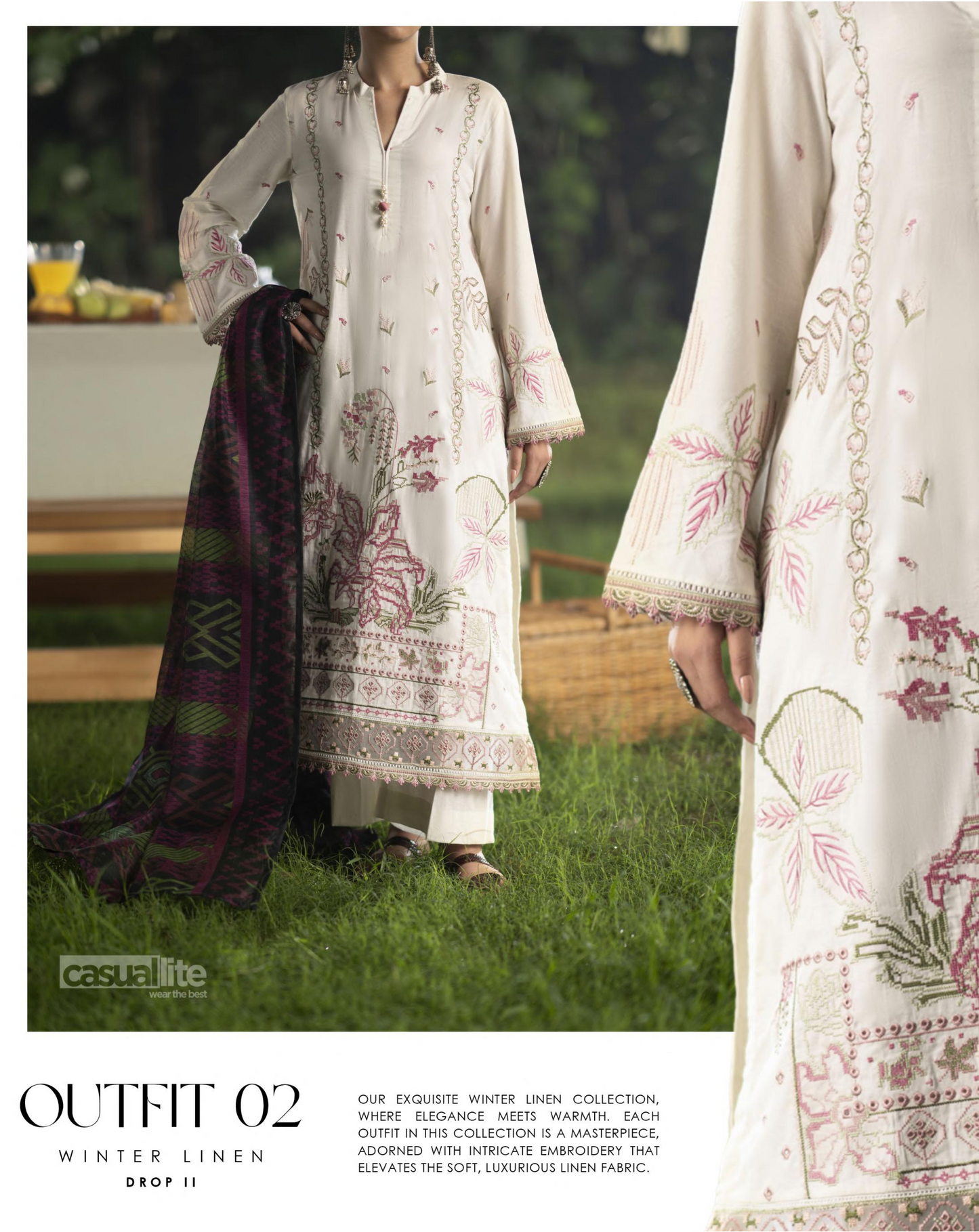 (Cream) Embroidered Linen 3 Pc Ready to Wear by Casuallite