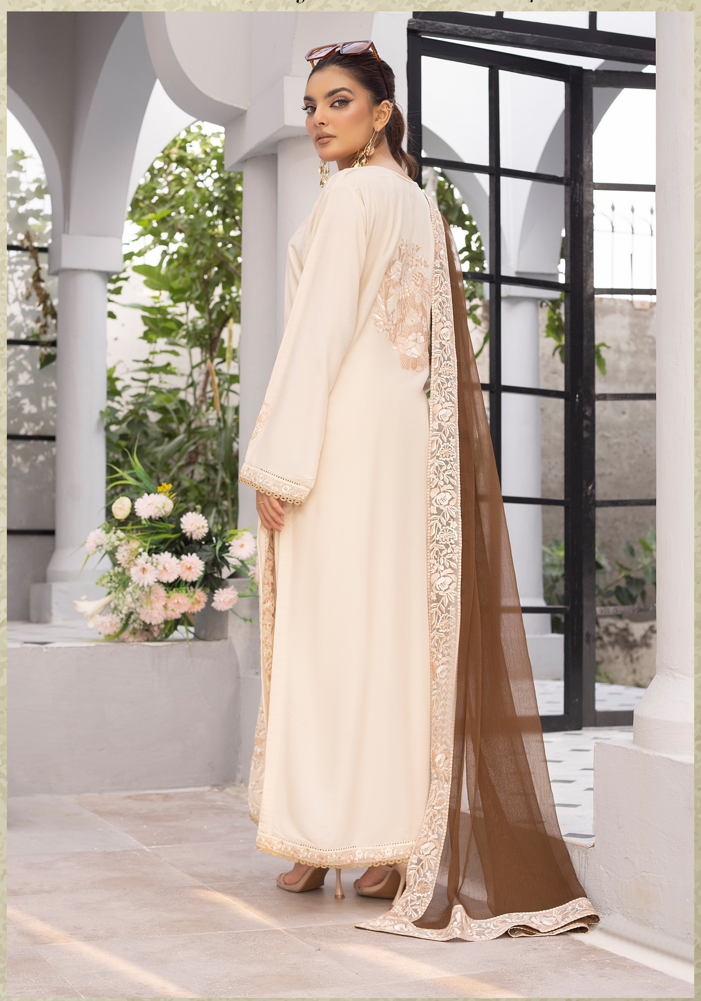 (Cream) 3 Pc Embroidered Linen Dress - Simrans