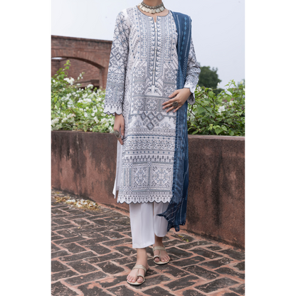 (White) Embroidered Linen 3 Pc Ready to Wear by Casuallite