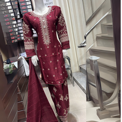 Embroidered Dhanak Dress with Pashmina Shawl | Ready to Wear Winter Collection