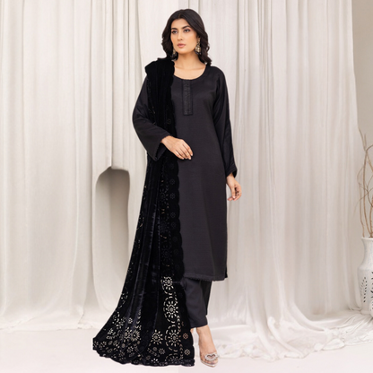 (Black) 3 Pc Dhanak Dress with Laser Velvet Shawl | Winter Collection | Rangz | UMRGZ3503