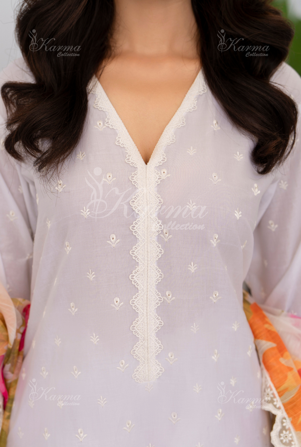 KC- 1392 | White | 3 Pc | Chikenkari Cotton Lawn | Karma Collection