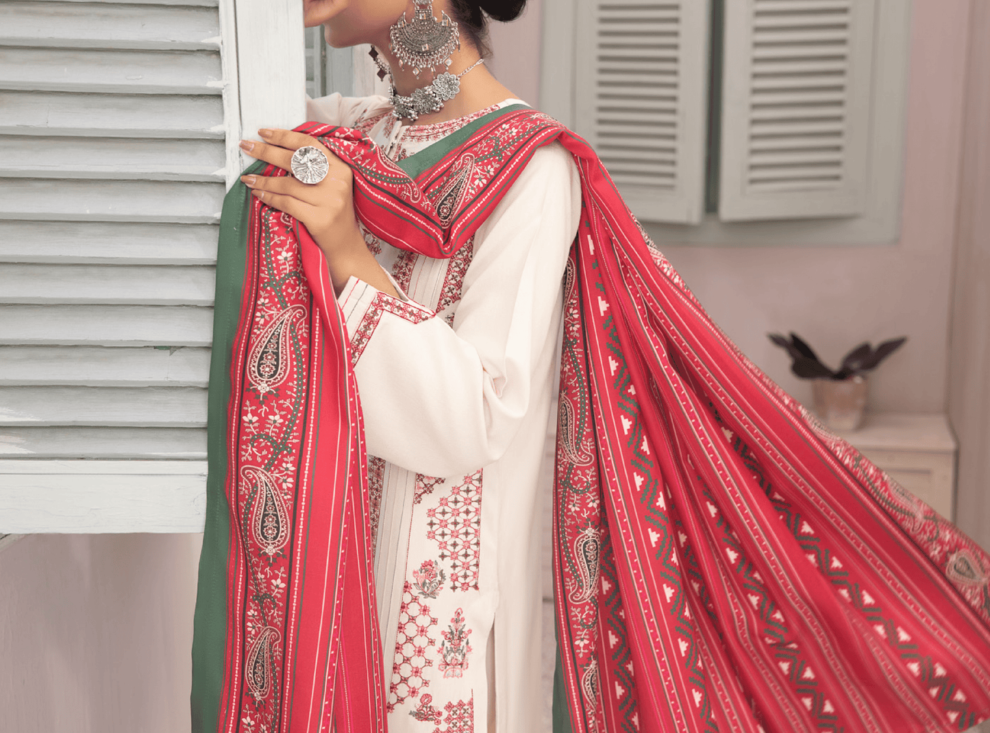 3-Piece Embroidered Dhanak Dress with Pashmina Silk Shawl