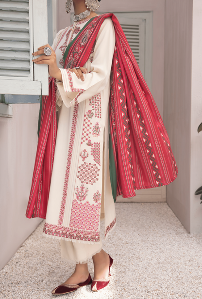 3-Piece Embroidered Dhanak Dress with Pashmina Silk Shawl