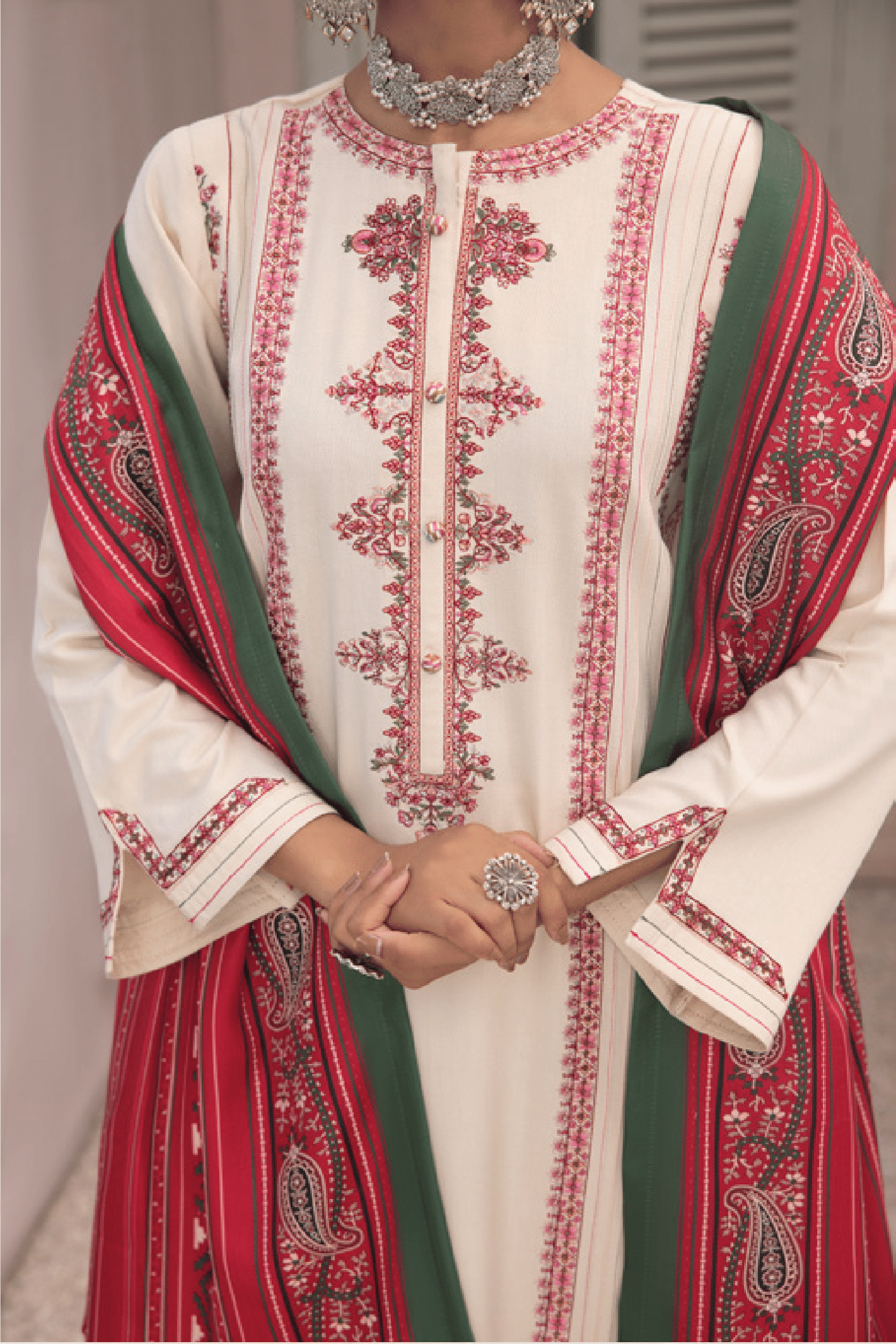 3-Piece Embroidered Dhanak Dress with Pashmina Silk Shawl