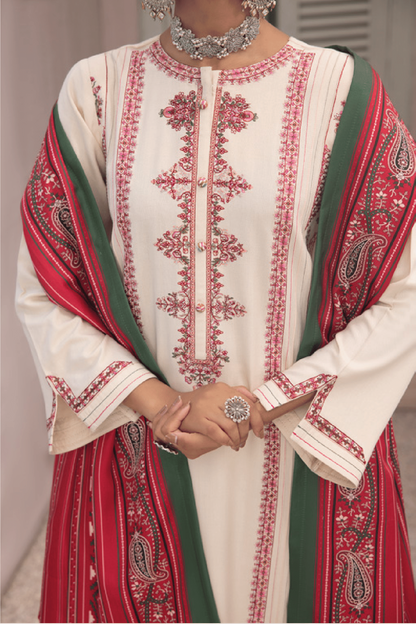 3-Piece Embroidered Dhanak Dress with Pashmina Silk Shawl