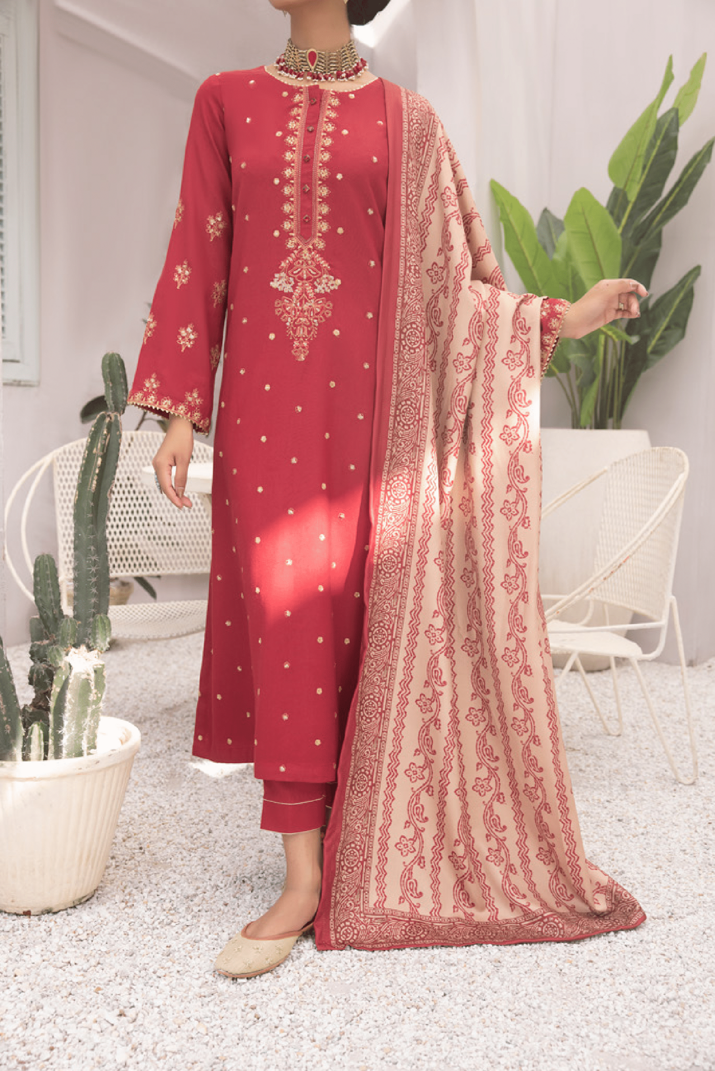 3-Piece Embroidered Dhanak Dress with Pashmina Silk Shawl