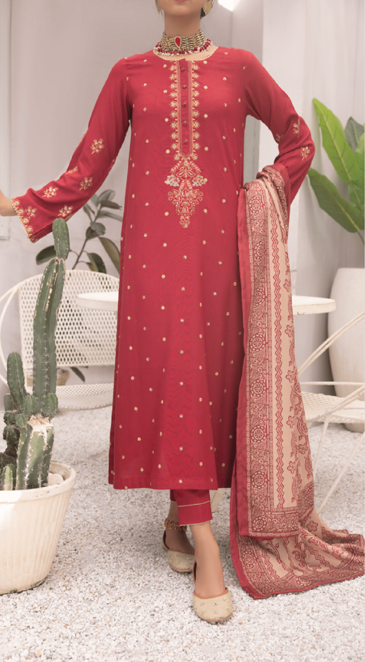 3-Piece Embroidered Dhanak Dress with Pashmina Silk Shawl