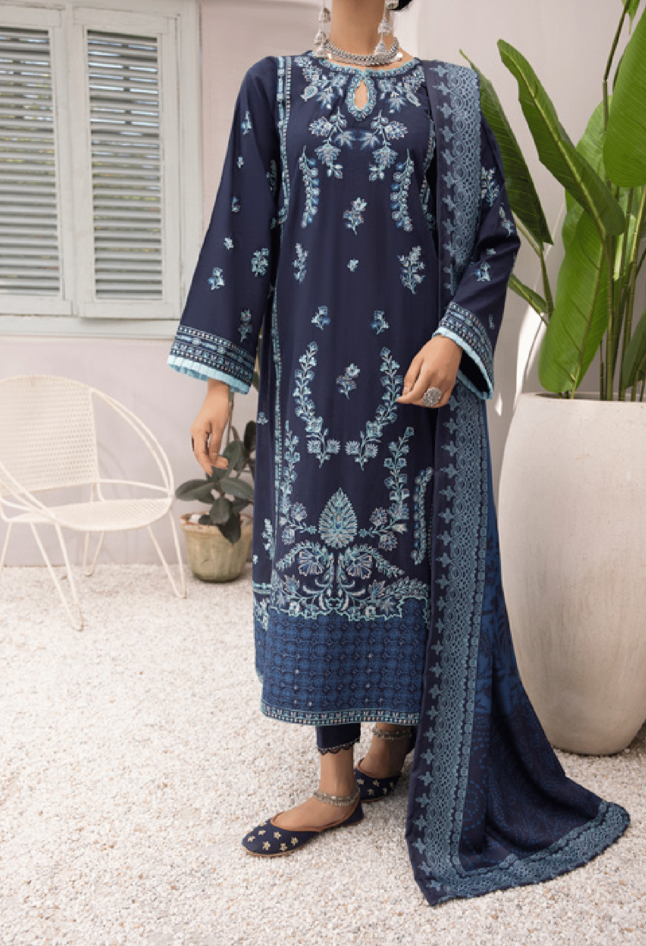 3-Piece Embroidered Dhanak Dress with Pashmina Silk Shawl