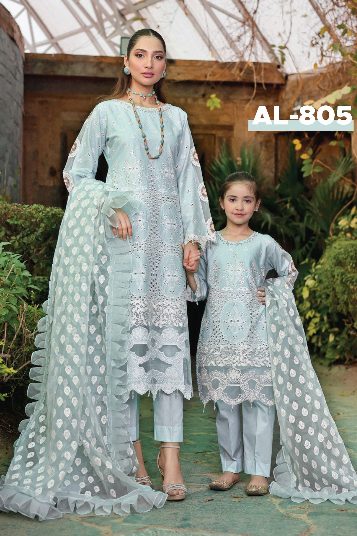 (Light Green) 3 Pc Mother & Daughter Luxury Lawn by Simrans