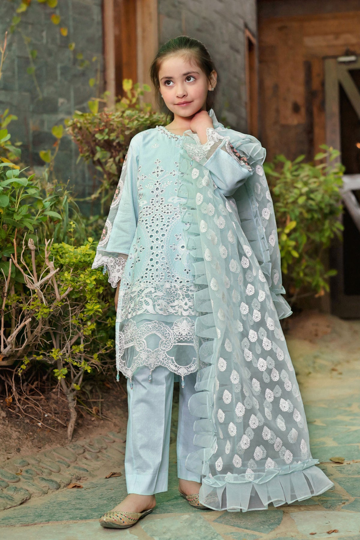 (Light Green) 3 Pc Mother & Daughter Luxury Lawn by Simrans