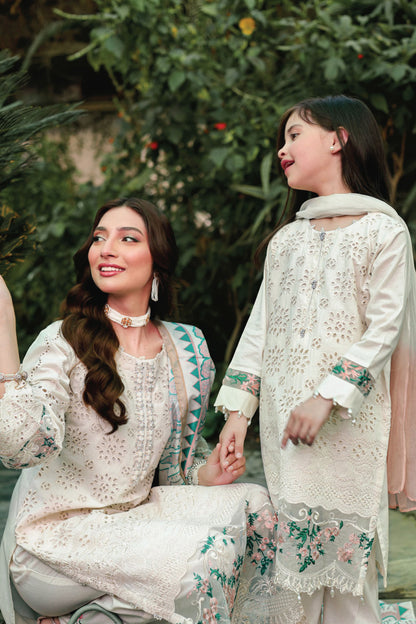 (Cream) 3 Pc Mother & Daughter Luxury Lawn by Simrans