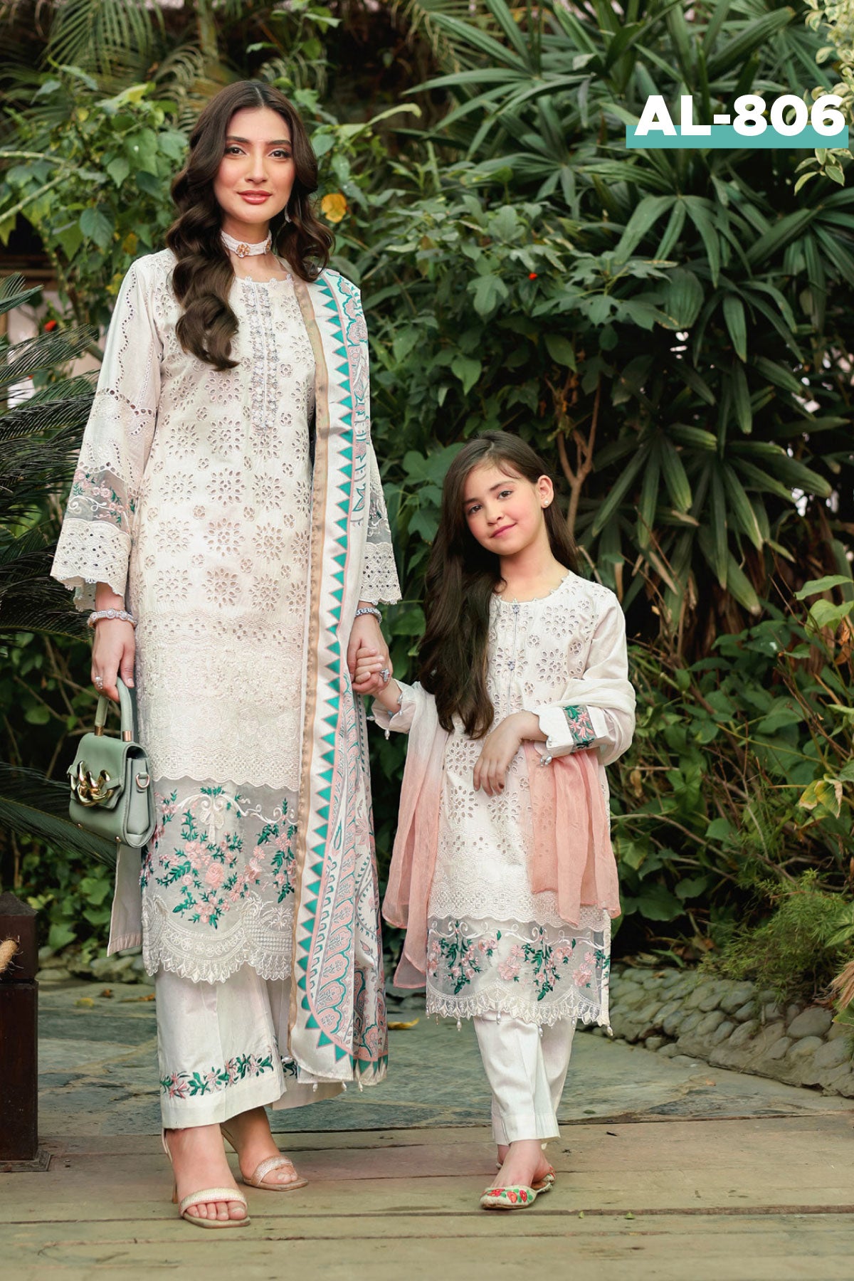 (Cream) 3 Pc Mother & Daughter Luxury Lawn by Simrans