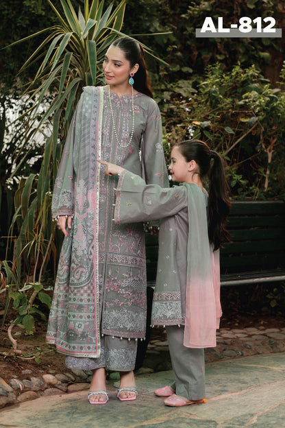 (Grey) 3 Pc Mother & Daughter Luxury Lawn by Simrans