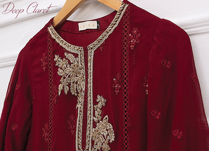 Azure Maroon 3 Pc Chiffon Embroidered Collection : Deep Claret