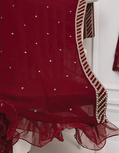 Azure Maroon 3 Pc Chiffon Embroidered Collection : Deep Claret