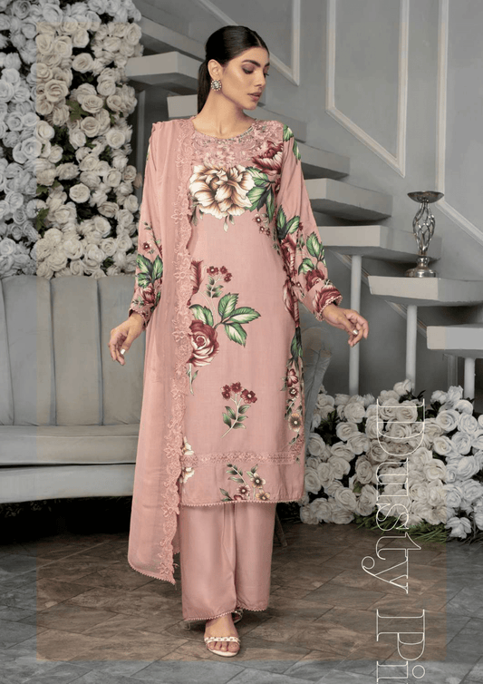 Dusty Pink 3 Piece Linen Suit-Embroidered (Simrans)