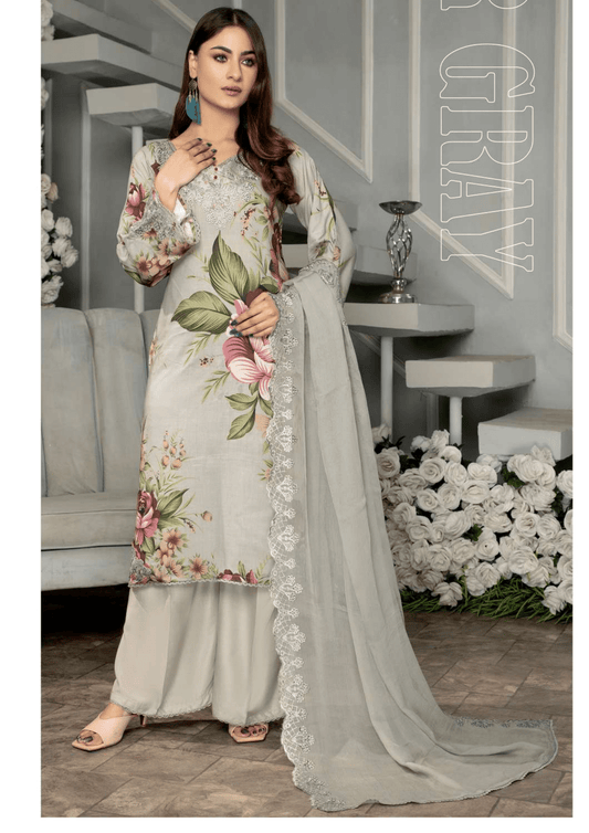 Silver Grey 3 Piece Linen Suit-Embroidered (Simrans)