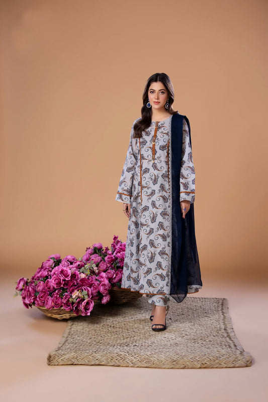 (Grey Frock S.N) 3 Pc Embroidered Cambric Cotton Suit-Heera's