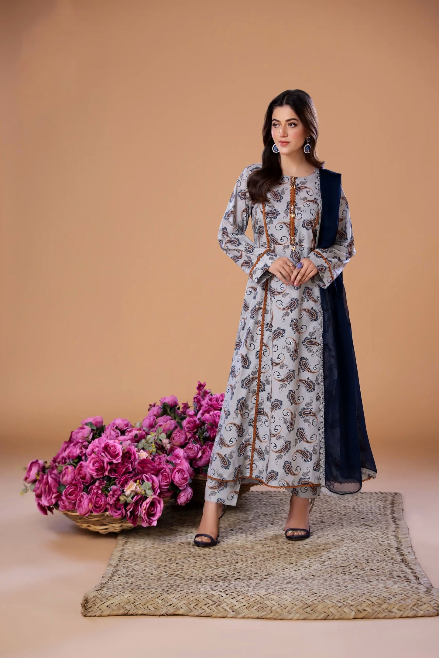 (Grey Frock S.N) 3 Pc Embroidered Cambric Cotton Suit-Heera's