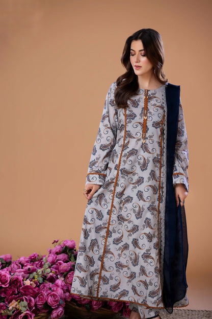 (Grey Frock S.N) 3 Pc Embroidered Cambric Cotton Suit-Heera's