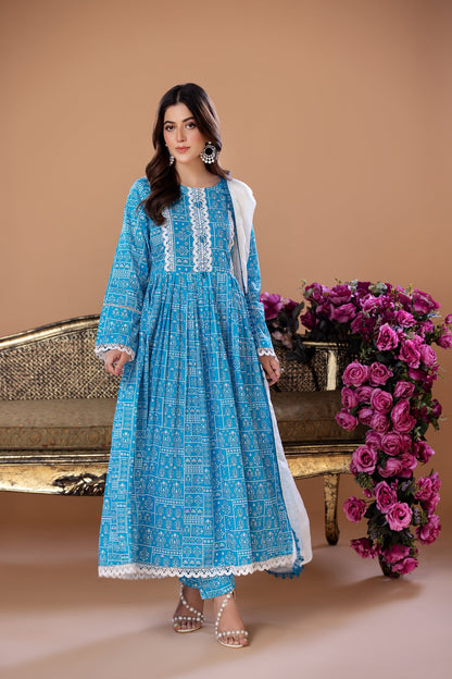 (Blue) 3 Pc Printed Cambric Cotton Long Frock - Heera's