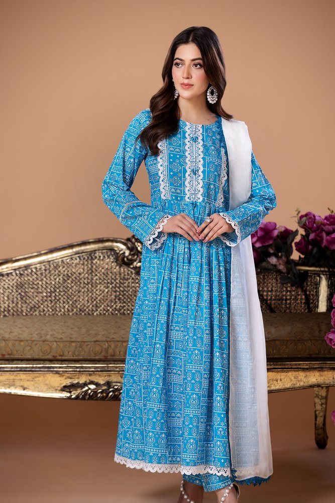 (Blue) 3 Pc Printed Cambric Cotton Long Frock - Heera's