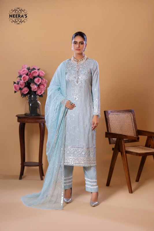 (Ice Blue) 3 Pc Cotton Embroidered Dress - Heera's