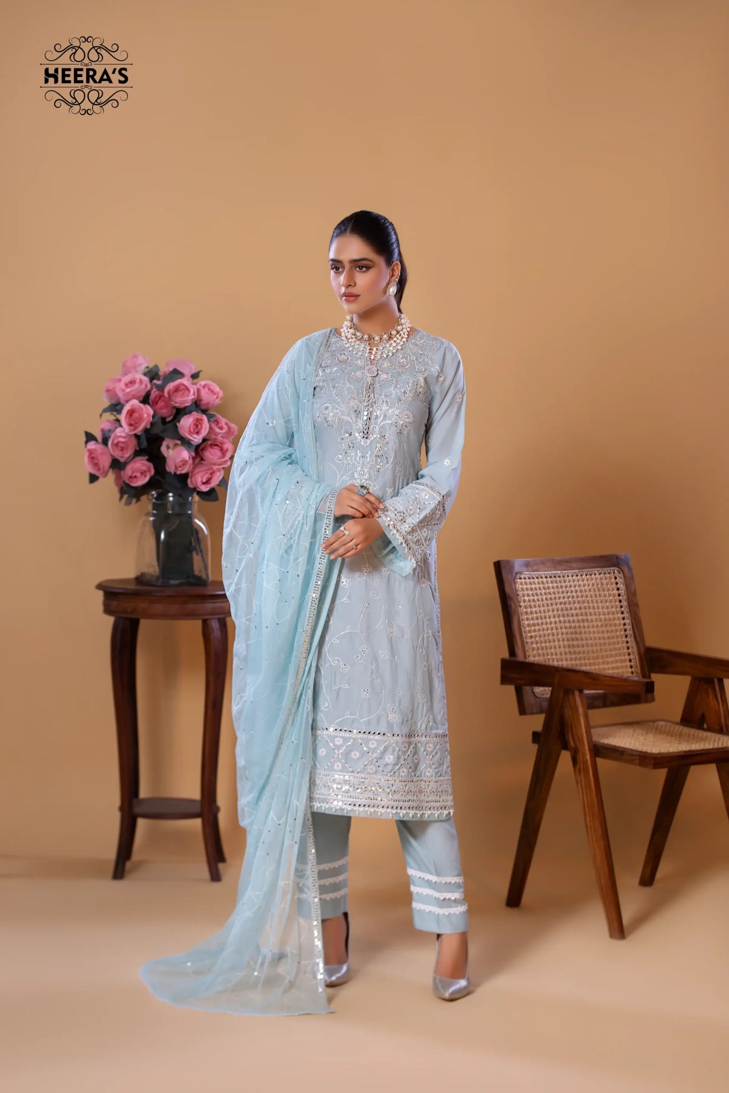 (Ice Blue) 3 Pc Cotton Embroidered Dress - Heera's