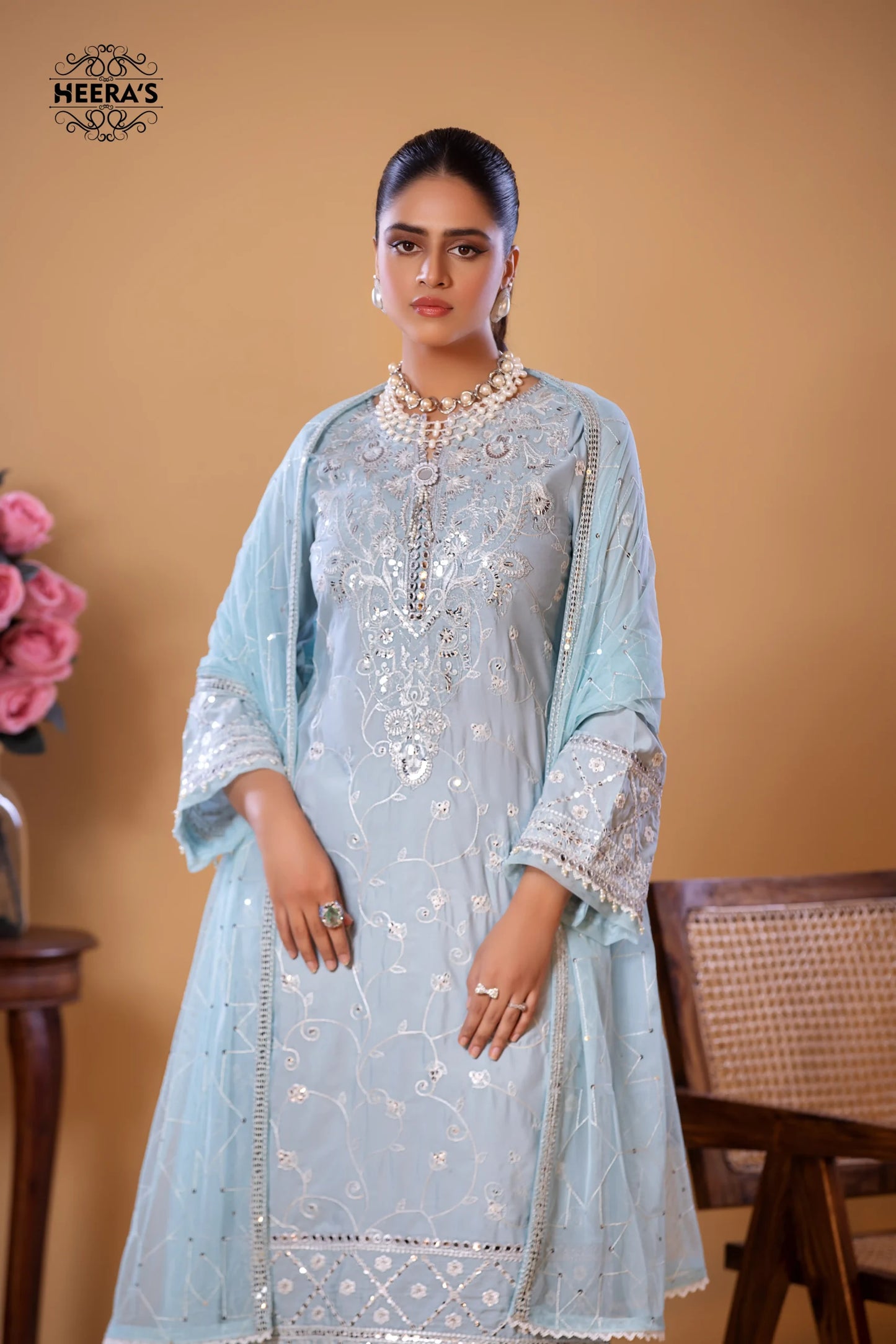 (Ice Blue) 3 Pc Cotton Embroidered Dress - Heera's