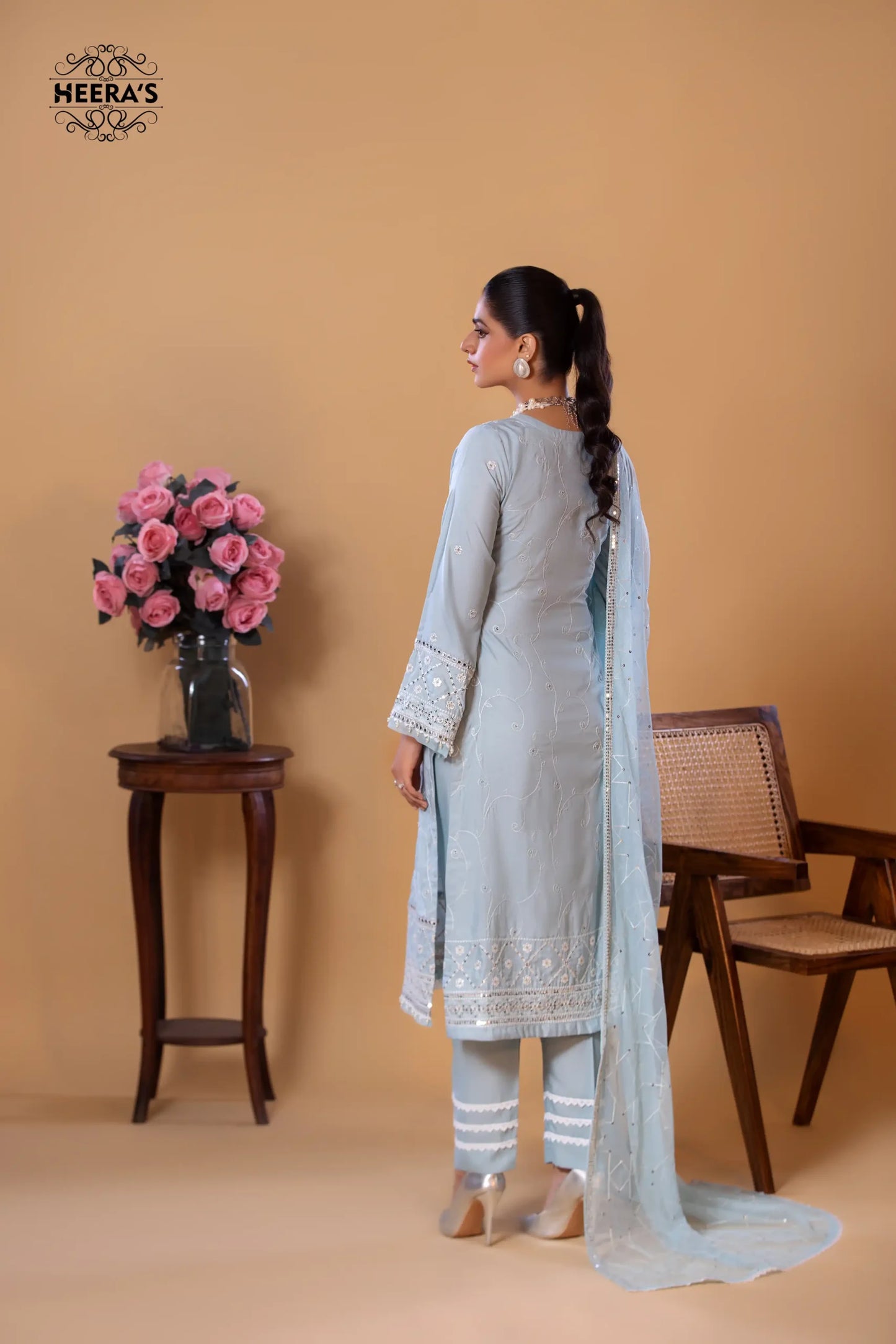 (Ice Blue) 3 Pc Cotton Embroidered Dress - Heera's