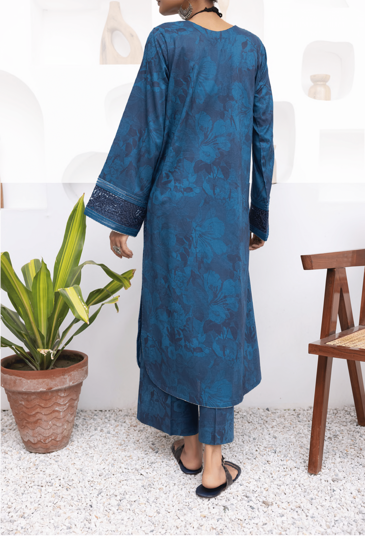 Blue 2 Pc Embroidered Printed Cotton Lawn Solid Outfit - Casuallite