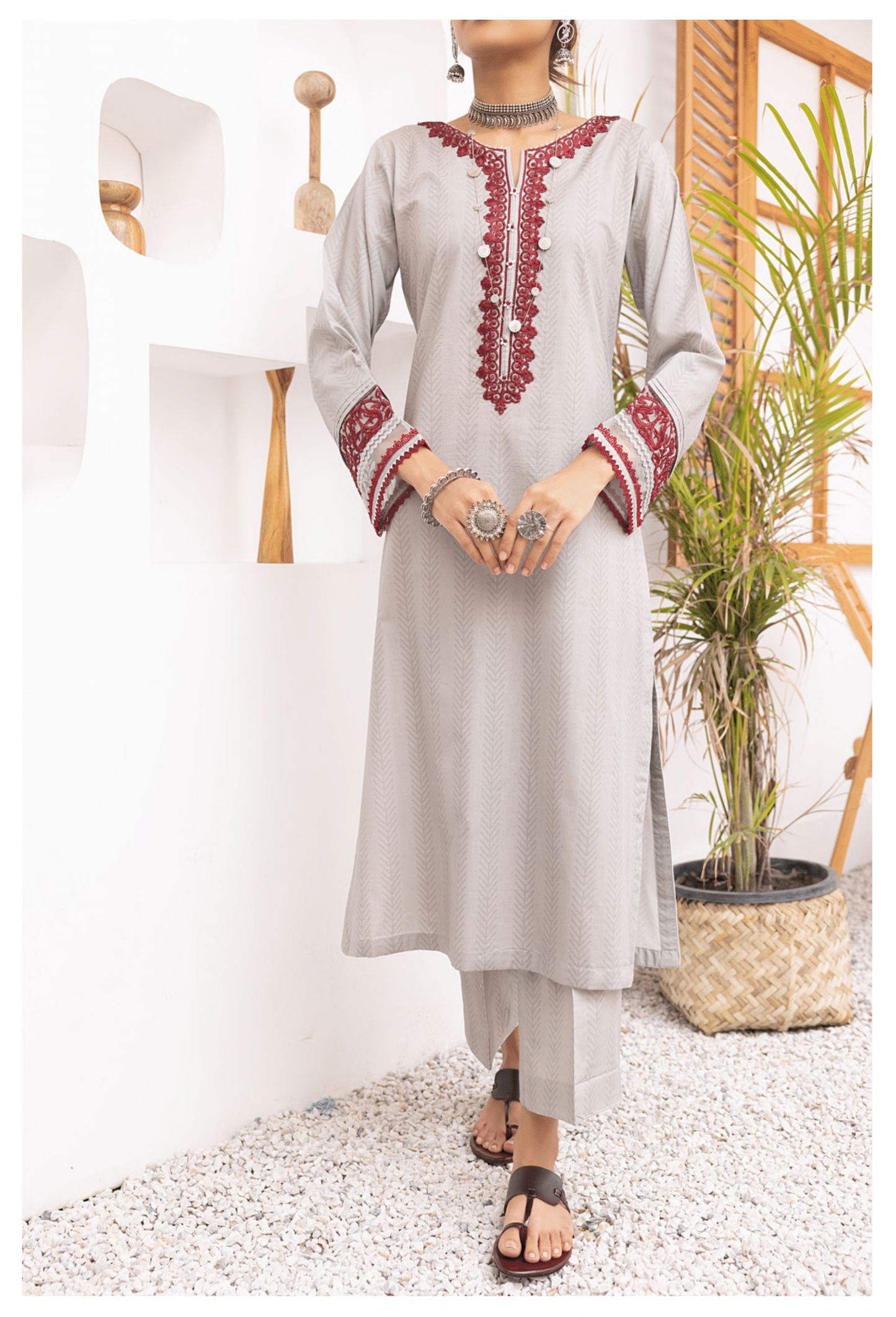 Grey 2 Pc Embroidered Printed Cotton Lawn Solid Outfit - Casuallite