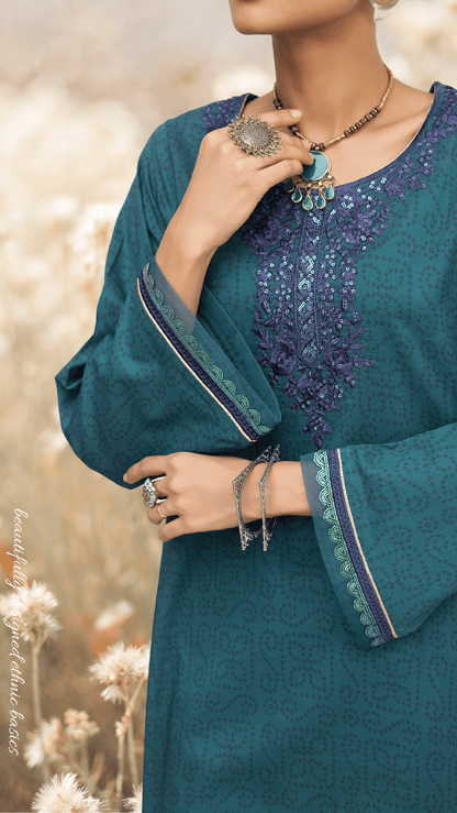 Teal 2 Pc Embroidered Printed Cotton Lawn Solid Outfit - Casuallite