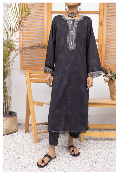 Black 2 Pc Embroidered Printed Cotton Lawn Solid Outfit - Casuallite