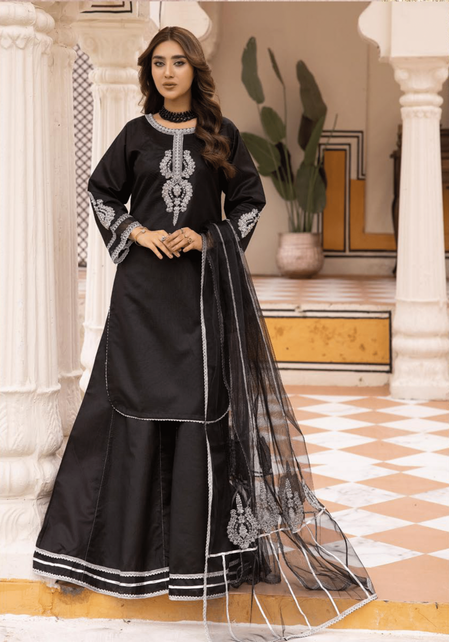 (Black) 3 Pc "Batik Pret" Khaddi Silk Collection by Simrans