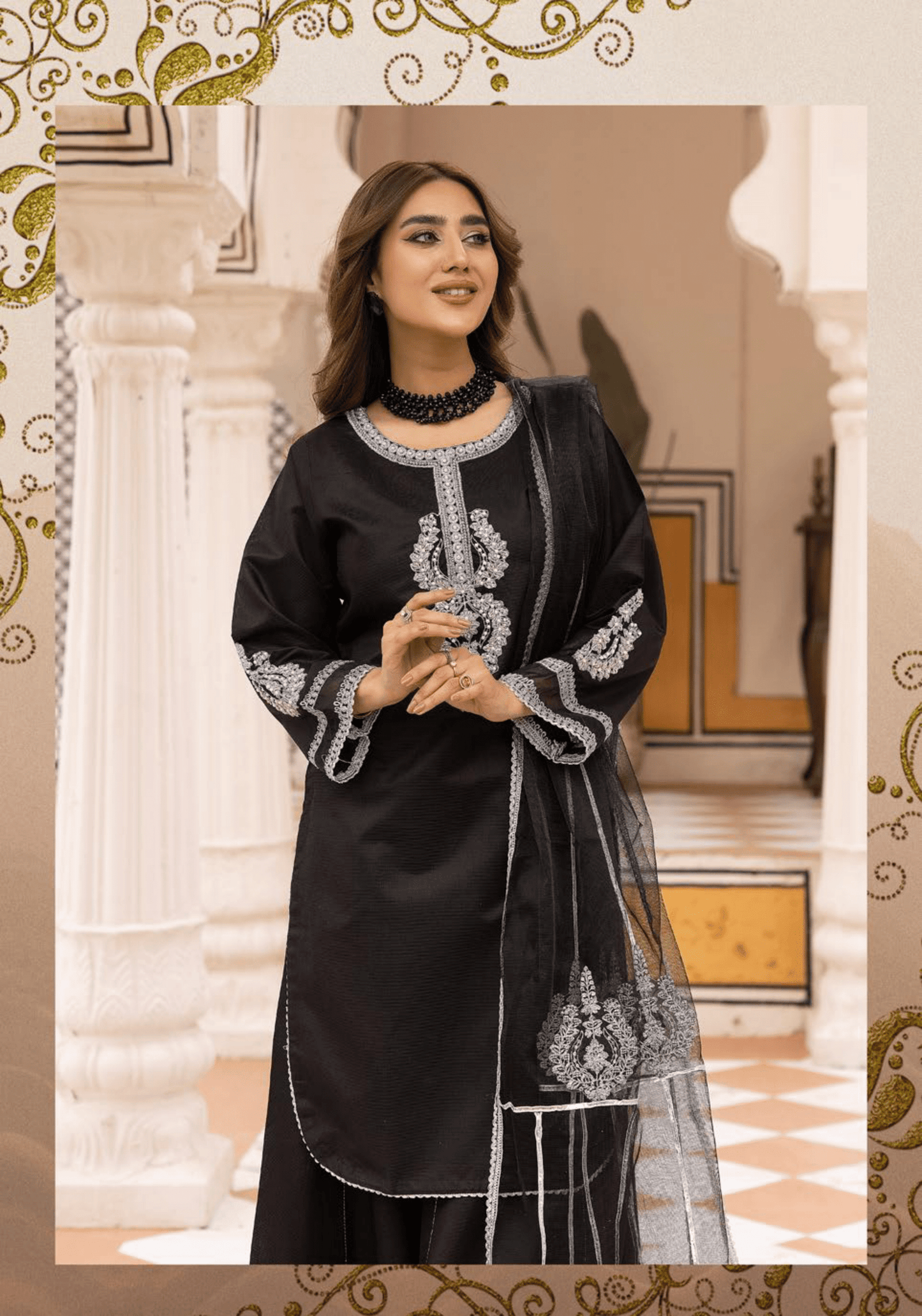 (Black) 3 Pc "Batik Pret" Khaddi Silk Collection by Simrans