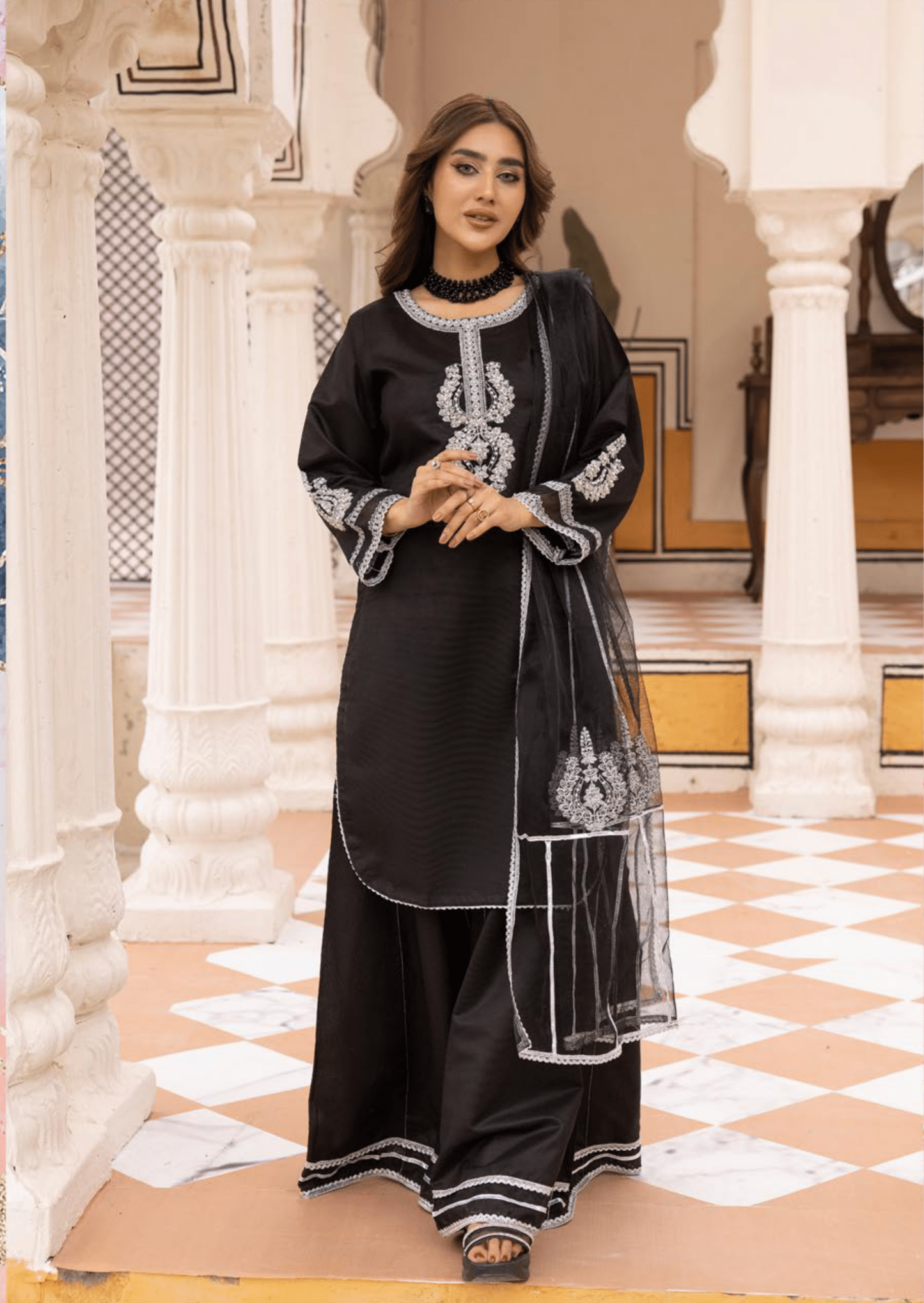 (Black) 3 Pc "Batik Pret" Khaddi Silk Collection by Simrans