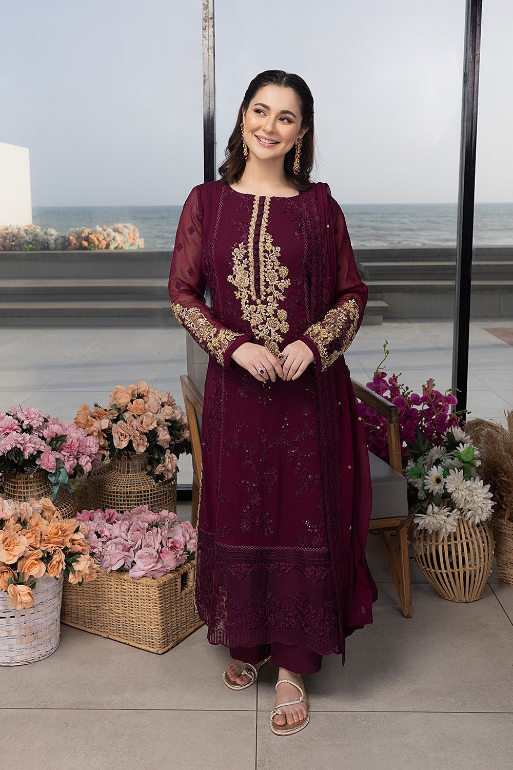 Luxe By Azure Embroidered 3 Piece Suits Carnelian