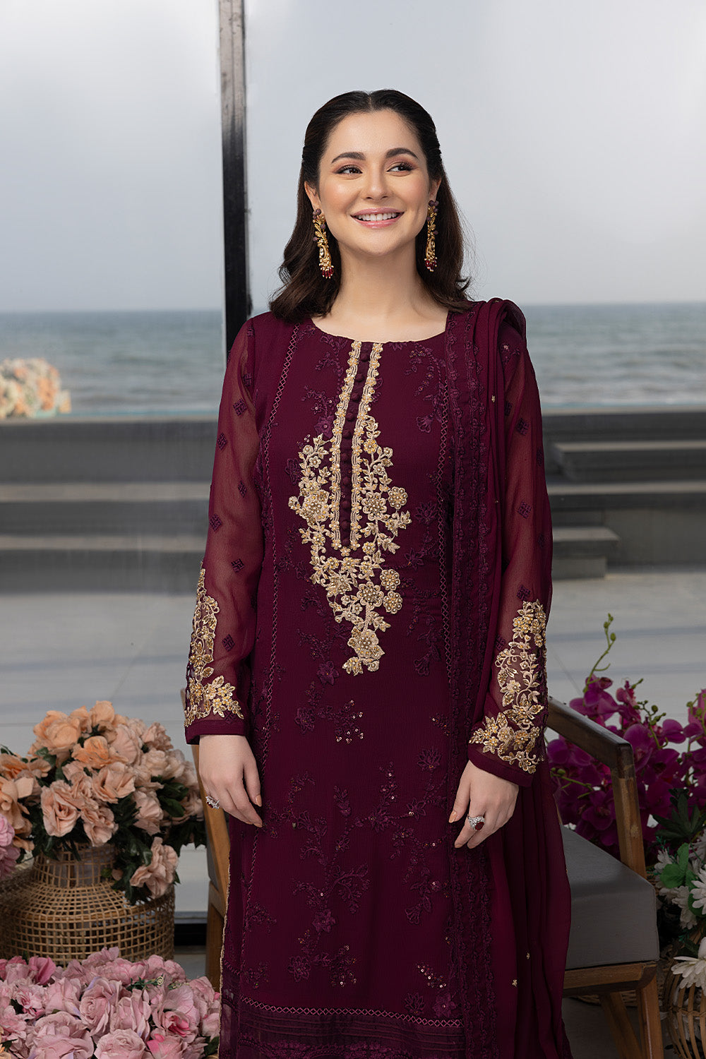 Luxe By Azure Embroidered 3 Piece Suits Carnelian