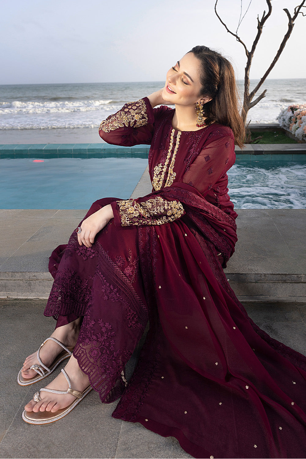 Luxe By Azure Embroidered 3 Piece Suits Carnelian