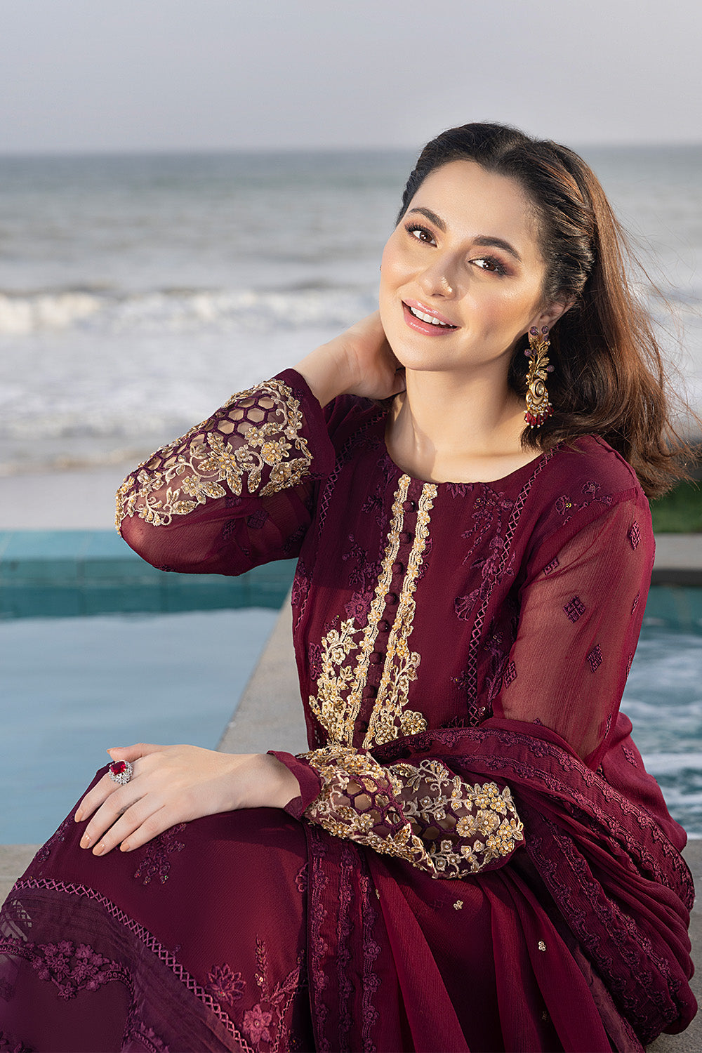 Luxe By Azure Embroidered 3 Piece Suits Carnelian